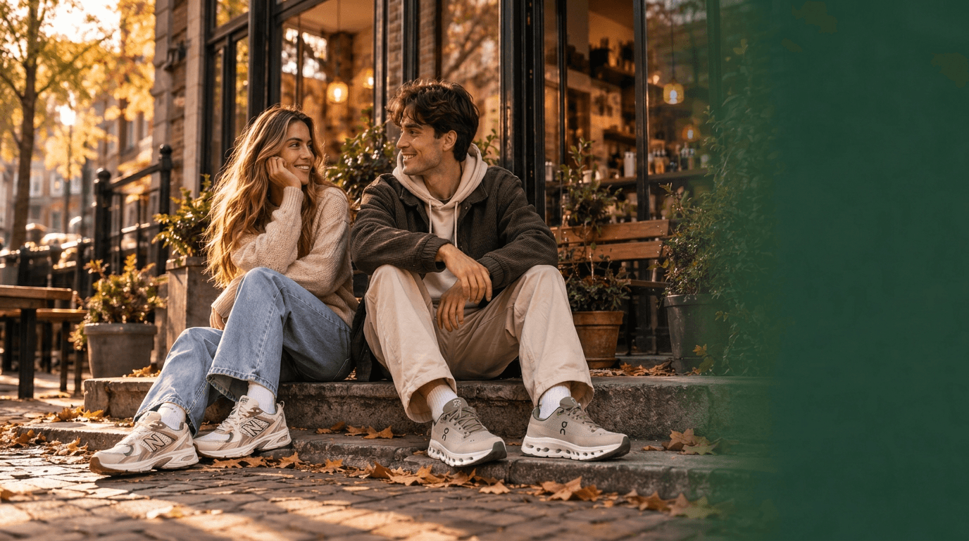 Twee mensen met sneakers op de trappen van een café in de herfstzon